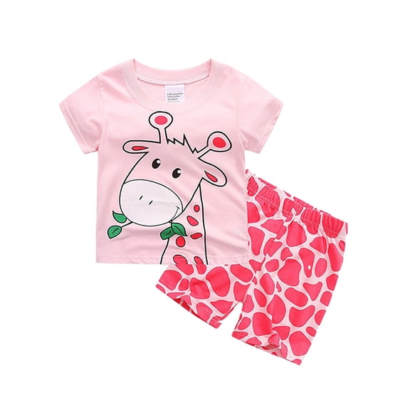 JAJAHO Girls Summer 2 Piece Sets Short Sleeve Outfit Soft Crew Neck T Shirts Shorts Set Cartoon Printed Playwear For Toddlers And Kids 3-8 Years Stylish Outfit