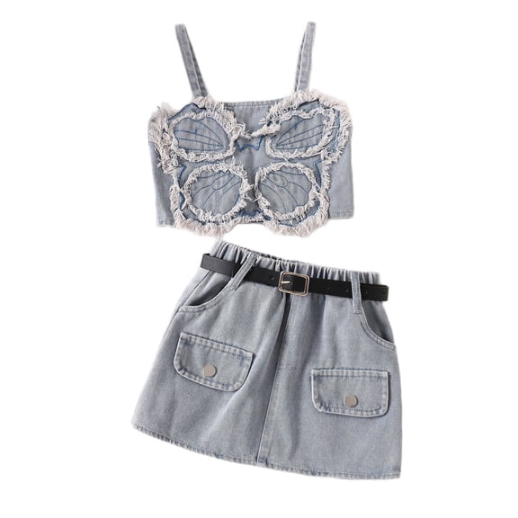 JAJAHO Girls Summer Clothes 2 Piece Skirts Set Butterfly Spaghetti Strap Crop Top And A-Line Denim Mini Skirt Matching Set 2-7Y Comfy Outfit