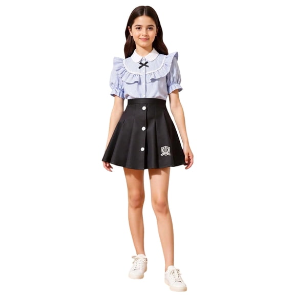 JAJAHO Girls Summer Clothing Sets 2 Piece Outfits Short Sleeve Ruffle Button Up Shirt And Pleated Skirts Casual 7-12 Years Stylish Outfit