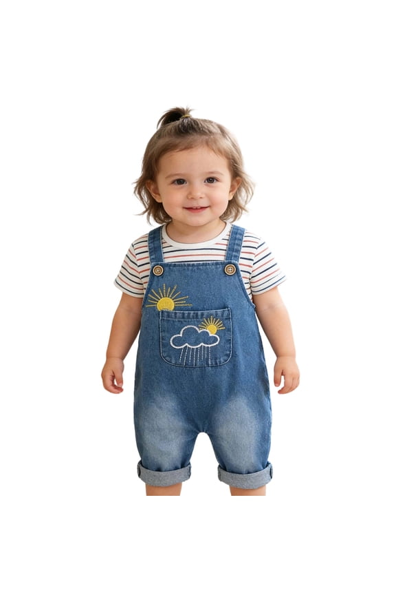 Girls Summer Denim Overalls Toddler Girl Clothes Short Jumpsuit With Cloud Sun Embroidery Casual Jeans For Baby 0-3T Comfortable Onesie