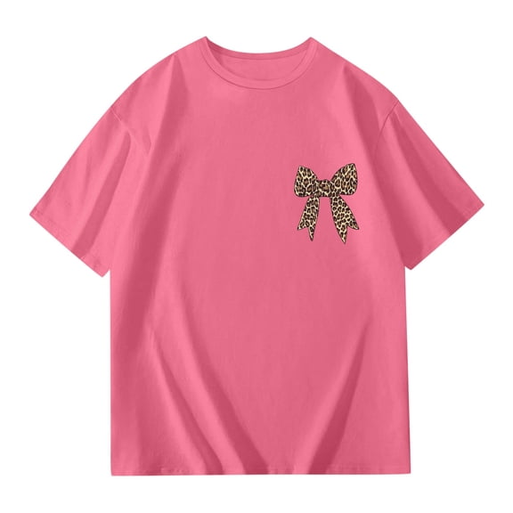 JAJAHO Girls Summer Graphic Tee For Kids Lightweight Casual Short Sleeve Leopard Bow Print Round Neck Stylish Tops