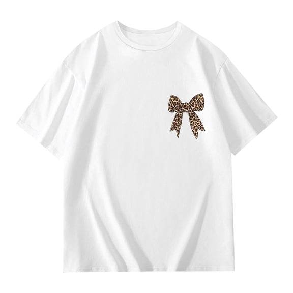 JAJAHO Girls Summer Graphic Tee For Kids Lightweight Casual Short Sleeve Leopard Bow Print Round Neck Trendy Tops
