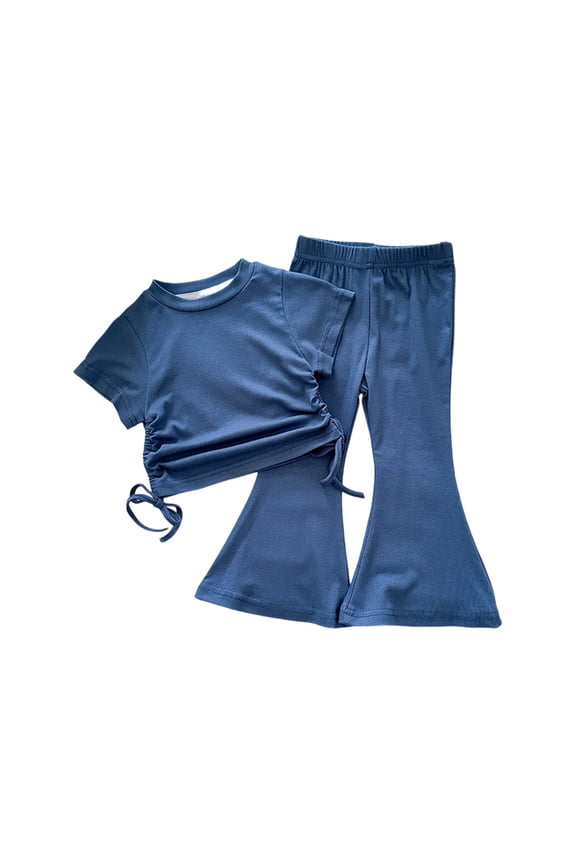 Girls Summer Outfit Stretchy Short Sleeve T Shirts With Flared Pants Soft Casual Two Piece Set For Kids 1-10 Years Solid Color Sweatsuits Comfortable Outfit
