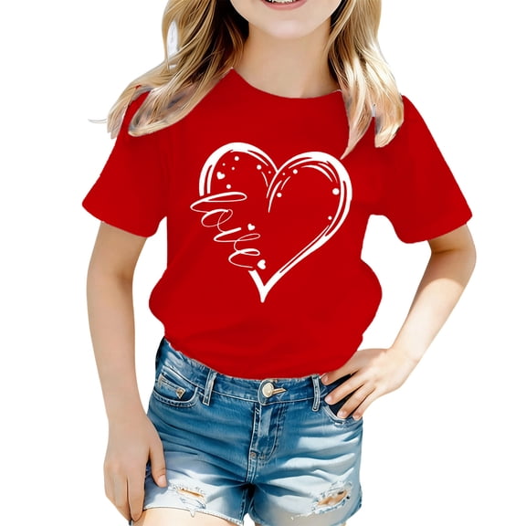 JAJAHO Girls Summer Short Sleeve T Shirts Heart Print Round Neck Top Loose Fit Tees Clothes For Kids 2-13 Years Versatile Tops