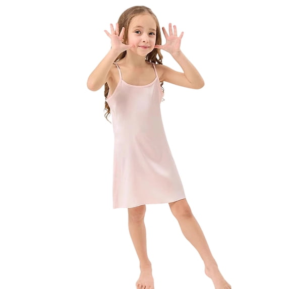 JAJAHO Girls Summer Silk Satin Dress Spaghetti Strap Scoop Neck Mini Dress Relaxation Home Clothes For Kids 5-14 Years Lightweight Trendy Dresses
