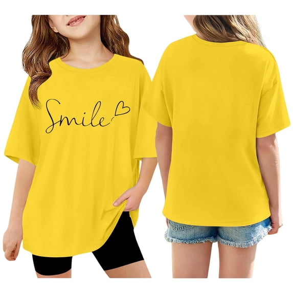 JAJAHO Girls Summer Top Oversized T Shirts For Girl Short Sleeve Crew Neck Letter Graphic Tee 3-14Y Baggy Streetwear Versatile Tops