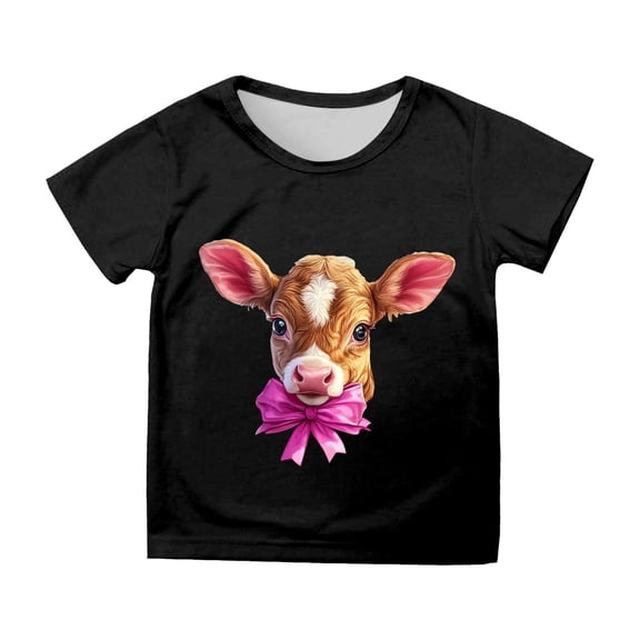 JAJAHO Girls Summer Top Short Sleeve Graphic Tees Cow Printed Casual Crewneck T Shirt For Kids 1-13 Years Comfortable Tops