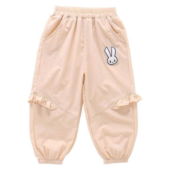 JAJAHO Girls Sweatpants Bunny Embroidered Ruffle Summer Breathable Kids Elastic Waist Ankle-Tied Joggers Pants 1-8Y Trendy Trousers