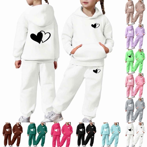 JAJAHO Girls Sweatsuit 2 Piece Outfits Heart Printed Long Sleeve Hoodie And Sweatpants Jogger Set For Kids 2-13Y