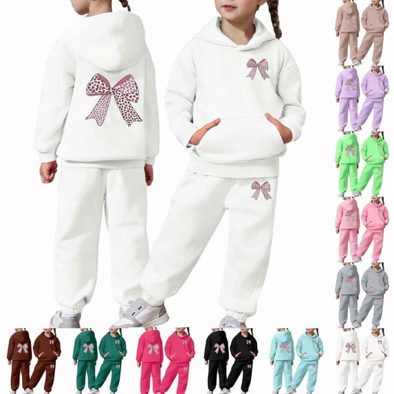 JAJAHO Girls Sweatsuit 2 Piece Outfits Leopard Bow Printed Long Sleeve Hoodie And Sweatpants Jogger Set For Kids 2-13Y