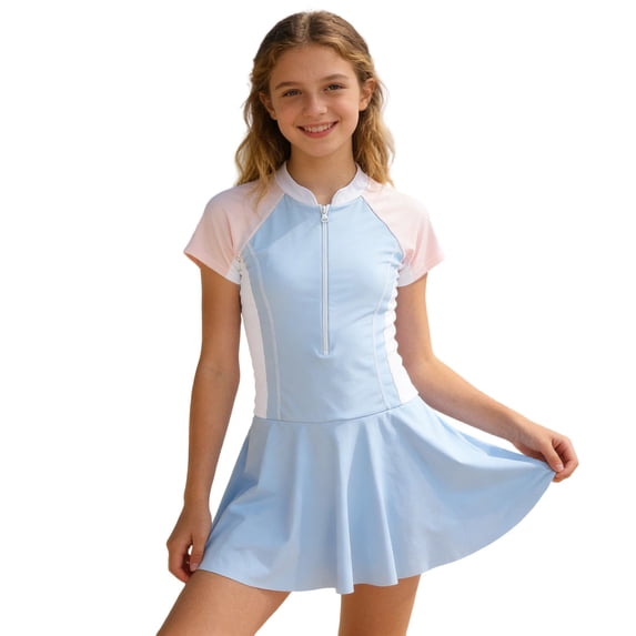 JAJAHO Girls Swim Dress For Girl Short Sleeve One Piece Swimsuit Sporty Half Zipper Rash Guard Padded Bathing Suit Ages 8-15Y Stylish Swimwear