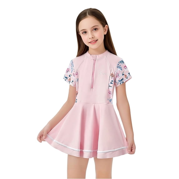 JAJAHO Girls Swim Dress One Piece Swimsuit Short Sleeve Zipper Front Athletic Training Bathing Suit With Built In Shorts 4-13Y Trendy Beachwear