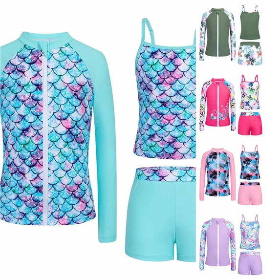 JAJAHO Girls Swimsuit 3 Pieces Long Sleeve Rash Guard Set Tropical Printed Tankini Bathing Suits Summer Kids Swimwear 3-10Y