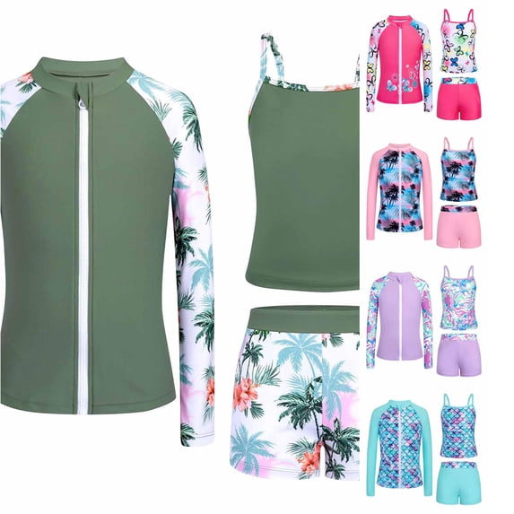 JAJAHO Girls Swimsuit 3 Pieces Long Sleeve Rash Guard Set Tropical Printed Tankini Bathing Suits Summer Kids Swimwear 3-10Y