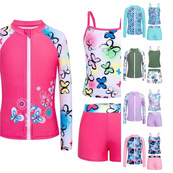 JAJAHO Girls Swimsuit 3 Pieces Long Sleeve Rash Guard Set Tropical Printed Tankini Bathing Suits Summer Kids Swimwear 3-10Y