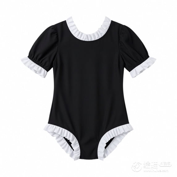 JAJAHO Girls Swimsuit One Piece Swimwear Lace Trim Short Sleeve Crewneck High Cut Cute Beachwear For Kids Teens 8-13 Years Versatile Beachwear