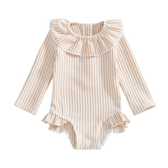 JAJAHO Girls Swimsuit Sun Rash Guard Long Sleeve Bathing Suit Striped Ruffle One Pirce For Toddler Kids Beach Pool Comfortable Swimwear
