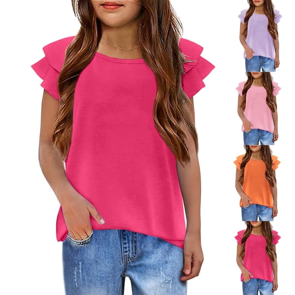 JAJAHO Girls T Shirts Short Sleeve Summer Crew Neck Ruffle Tops Casual Loose Fit Basic Tee For Kids 3-12 Years Comfortable Tops