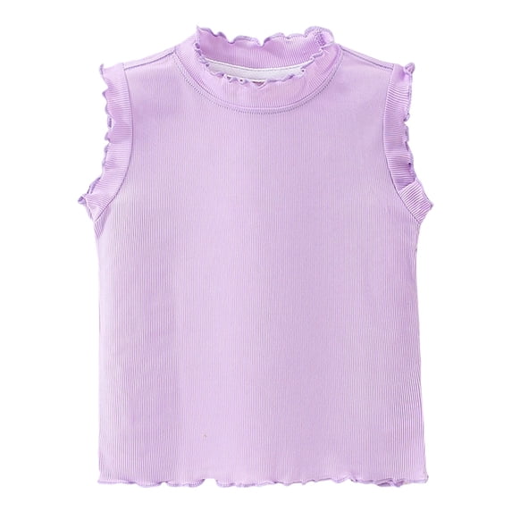 JAJAHO Girls Tank Tops For Kids Lettuce Trim Sleeveless Summer Top Crew High Neck Lightweight Solid Color Ribbed Basic Tee Ages 1-10 Years