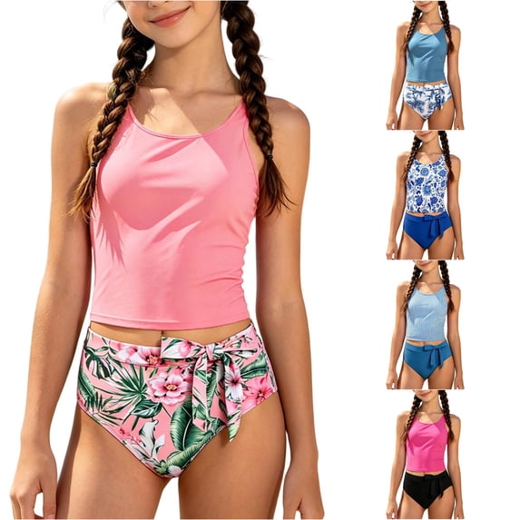 JAJAHO Girls Tankini Swimsuits Two Piece Swimwear Hallow Out Backless Swim Tank Tops And High Waisted Briefs Bottom Set For Kids 7-16Y Cute Beachwear