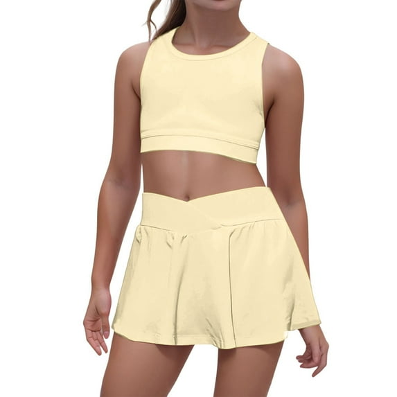 JAJAHO Girls Tennis Outfits 2 Piece Set Sleeveless Crop Tank Top Skorts With Pockets Summer Casual Sports Clothes For Kids Solid Color Matching Set Trendy Outfit