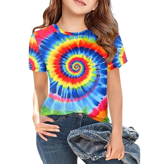 JAJAHO Girls Tie Dye T Shirt Summer Graphic Tee Crew Neck Short Sleeve Loose Fit Tshirts Kids Toddler Girl Clothes 1-13Y Versatile Tops