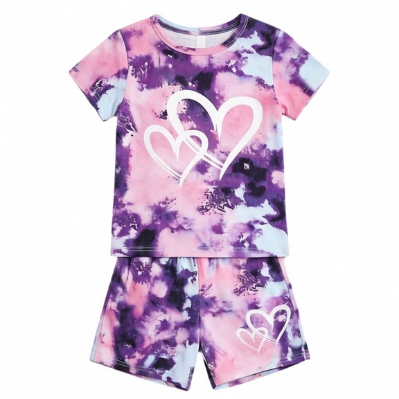 JAJAHO Girls Two Piece Outfits Summer Shorts Set Tie Dye Heart Printed Girl Sweatsuits For Kids 2-13Y Cute Outfit