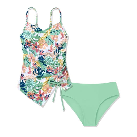 JAJAHO Girls Two Piece Swimsuit Floral Tankini Set For Kids 7-16Y Drawstring Tankini Top Briefs Bottoms Bathing Suit Adjustable Straps Stylish Swimwear