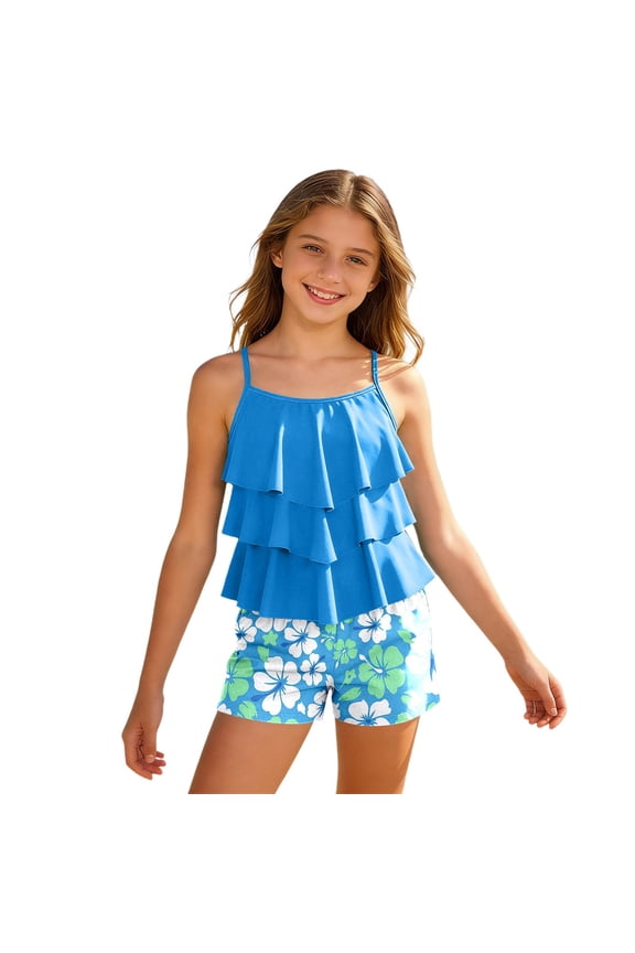 Girls Two Piece Tankini Set Summer Beach Outfits Ruffle Layered Top With Shorts Bottom For Kids Adjustable Spaghetti Straps Stylish Swimwear