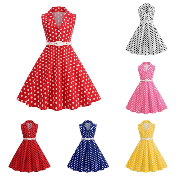 JAJAHO Girls Vintage Dresses Polka Dot 50S Girl Dress Summer Sleeveless Notched Lapel Flowy Swing A-Line Midi Dress Formal Party Wear For Kids 3-8Y