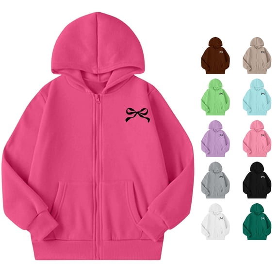 JAJAHO Girls Zip Up Hoodie Sweatshirt Bow Print Long Sleeve Fall Jacket For Kids 5-14Y