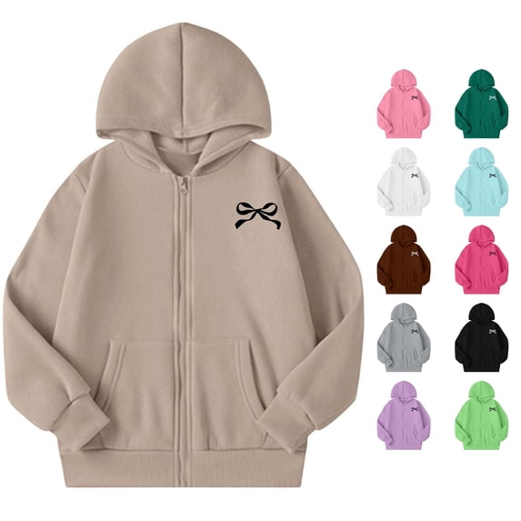 JAJAHO Girls Zip Up Hoodie Sweatshirt Bow Print Long Sleeve Fall Jacket For Kids 5-14Y