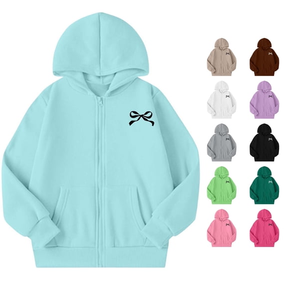 JAJAHO Girls Zip Up Hoodie Sweatshirt Bow Print Long Sleeve Fall Jacket For Kids 5-14Y