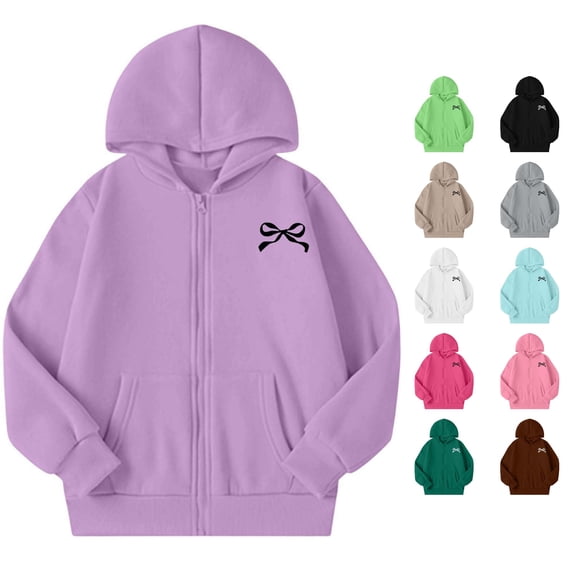 JAJAHO Girls Zip Up Hoodie Sweatshirt Bow Print Long Sleeve Fall Jacket For Kids 5-14Y