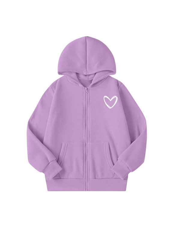 Girls Zip Up Hoodie Sweatshirt Heart Graphic Long Sleeve Fall Jacket For Kids 5-14Y