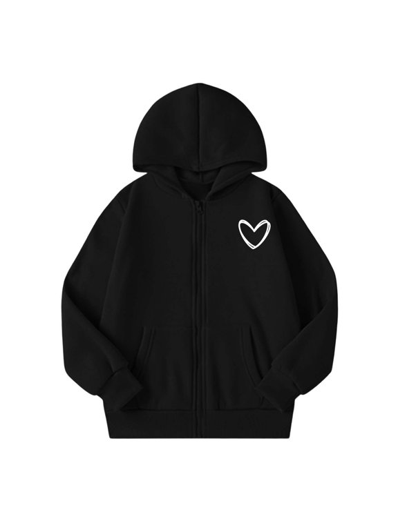 Girls Zip Up Hoodie Sweatshirt Heart Graphic Long Sleeve Fall Jacket For Kids 5-14Y