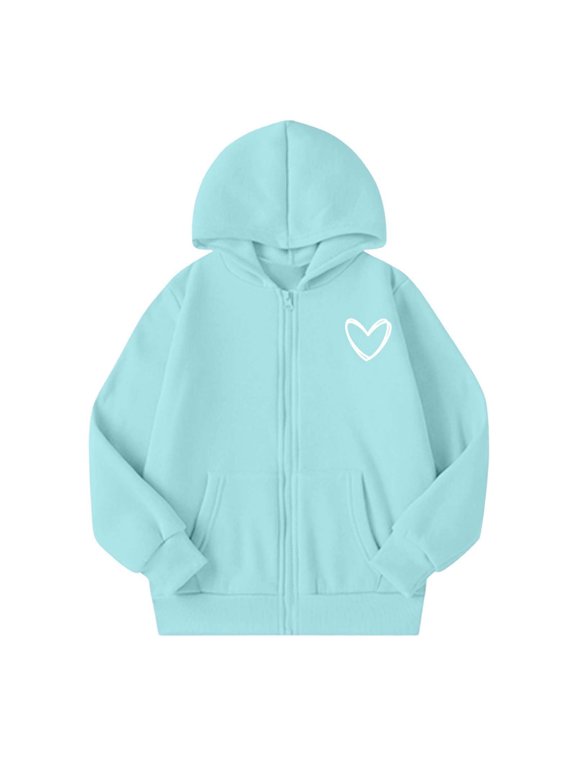 Girls Zip Up Hoodie Sweatshirt Heart Graphic Long Sleeve Fall Jacket For Kids 5-14Y
