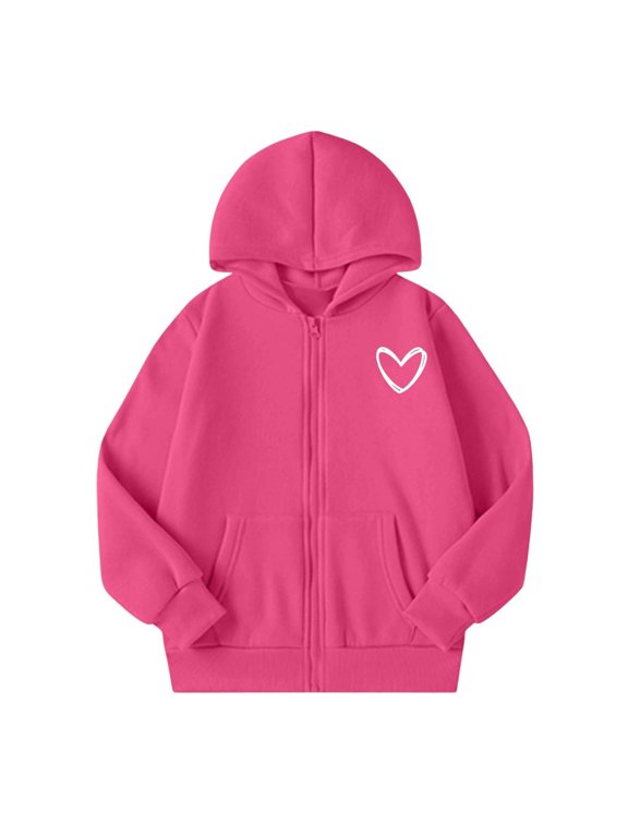 Girls Zip Up Hoodie Sweatshirt Heart Graphic Long Sleeve Fall Jacket For Kids 5-14Y