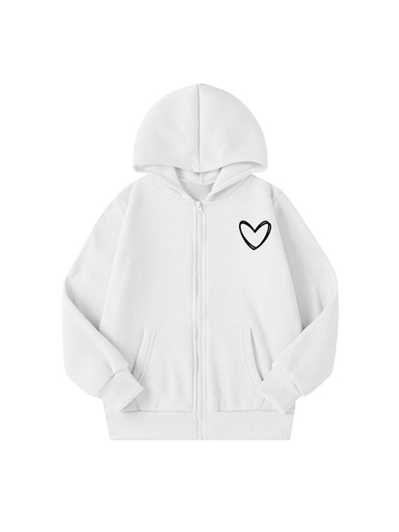 Girls Zip Up Hoodie Sweatshirt Heart Graphic Long Sleeve Fall Jacket For Kids 5-14Y