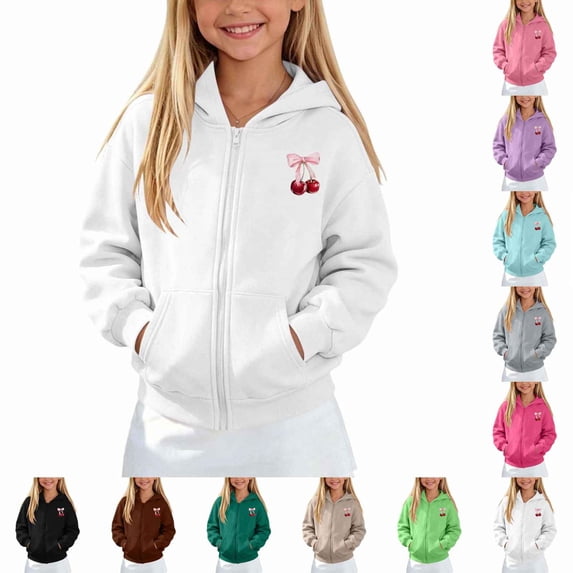 JAJAHO Girls Zip Up Hoodie Sweatshirt With Pockets Cherry Print Long Sleeve Jacket For Kids 5-14Y