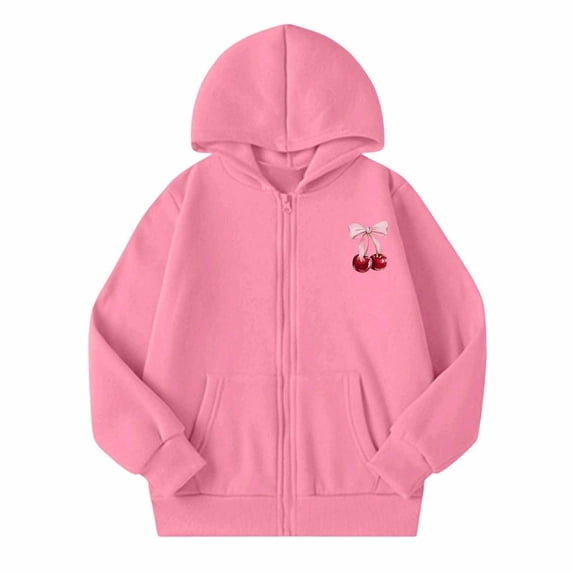 JAJAHO Girls Zip Up Hoodie Sweatshirt With Pockets Cherry Print Long Sleeve Jacket For Kids 5-14Y