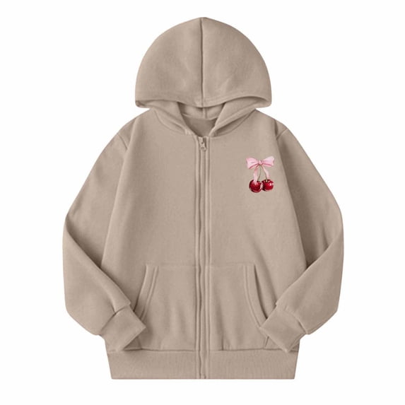 JAJAHO Girls Zip Up Hoodie Sweatshirt With Pockets Cherry Print Long Sleeve Jacket For Kids 5-14Y