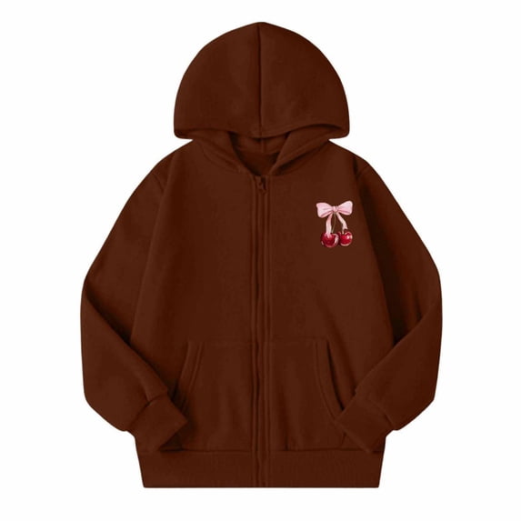 JAJAHO Girls Zip Up Hoodie Sweatshirt With Pockets Cherry Print Long Sleeve Jacket For Kids 5-14Y