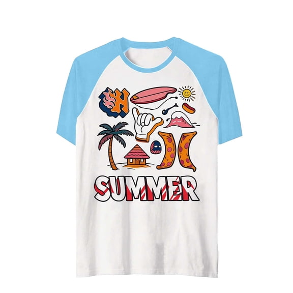 JAJAHO Graphic Tees For Boys Girls Raglan Short Sleeve Tropical Printed Color Block Crew Neck Loose Fit T Shirt Summer Beach 3-13Y Trendy Tops