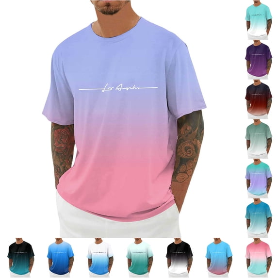 JAJAHO Graphic Tees Men Crew Neck Short Sleeve Gradient T Shirt City Letter Printed Summer Loose Fit Casual Streetwear Stylish Tops