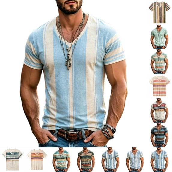 JAJAHO Graphic Tees Men Vintage Striped V Neck Tee Shirt Casual Summer Short Sleeve Loose Fit T-Shirts Stylish Tops