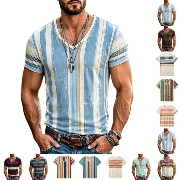 JAJAHO Graphic Tees Men Vintage Striped V Neck Tee Shirt Casual Summer Short Sleeve Loose Fit T-Shirts Trendy Tops