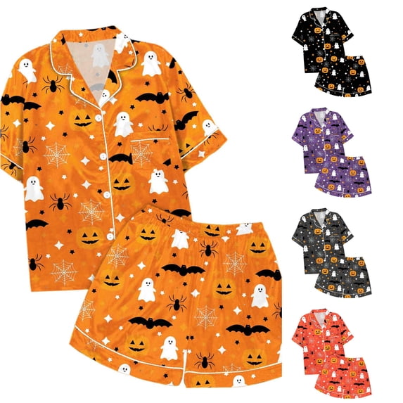 JAJAHO Halloween Girls Pajama Sets Pumpkin Ghost Short Sleeve Button Up Shirts And Shorts 2 Piece Set 2-13Y