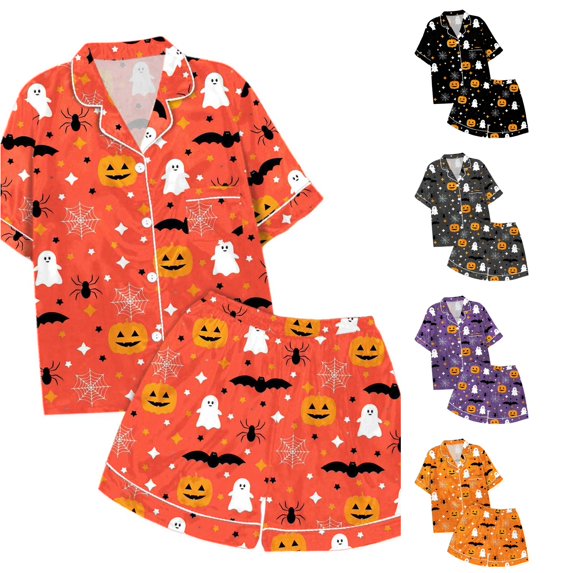 JAJAHO Halloween Girls Pajama Sets Pumpkin Ghost Short Sleeve Button Up Shirts And Shorts 2 Piece Set 2-13Y