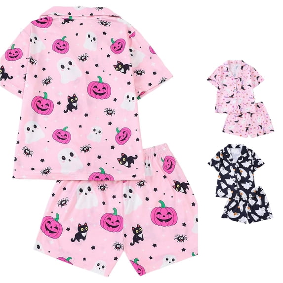 JAJAHO Halloween Girls Pajamas Button Front Top And Shorts Set Short Sleeve Kids 2 Piece Pj Set, Sizes 4-7T